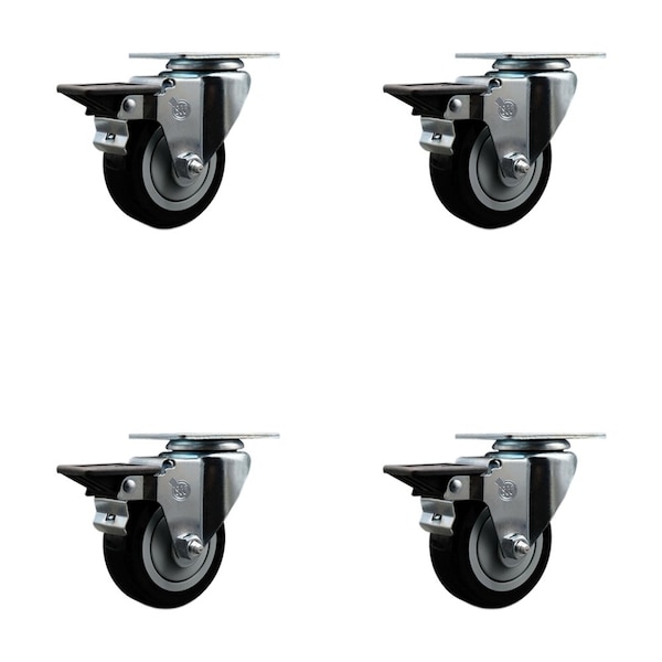 3.5'' Black Poly Wheel Swivel Top Plate Caster Set Posi Brake, 4PK